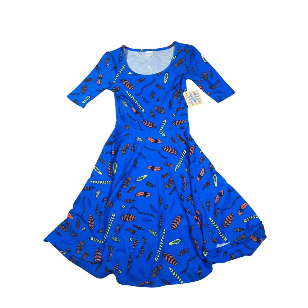NWT LuLaRoe Nicole Dress Small Blue Feather Print Fit Flare‎ Elbow Sleeve New